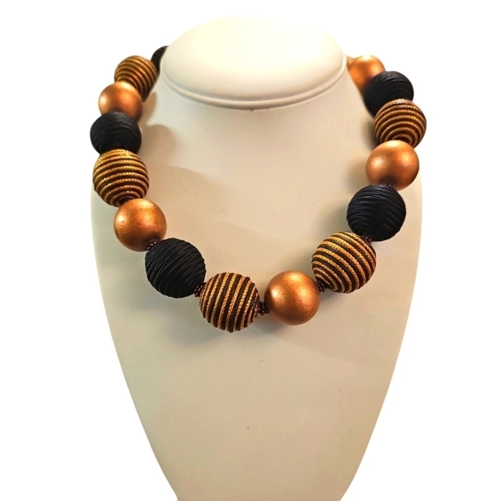 Woven Chunky Black and Gold Bead Statement Necklace